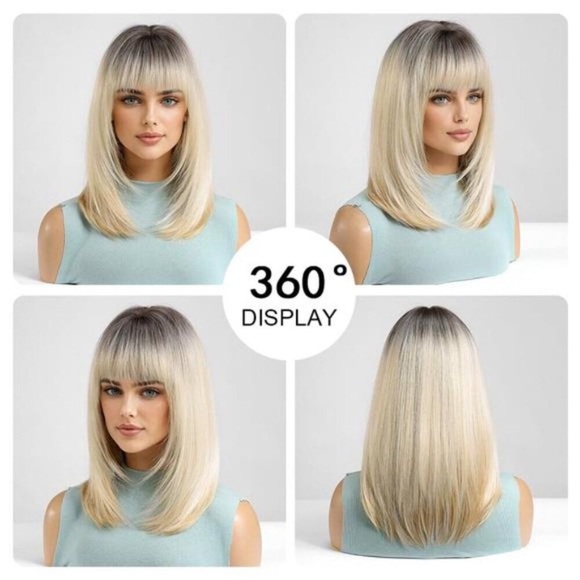 Ombre Blonde Bob Wig With Bangs Short Straight Wig For Women Synthetic Hair